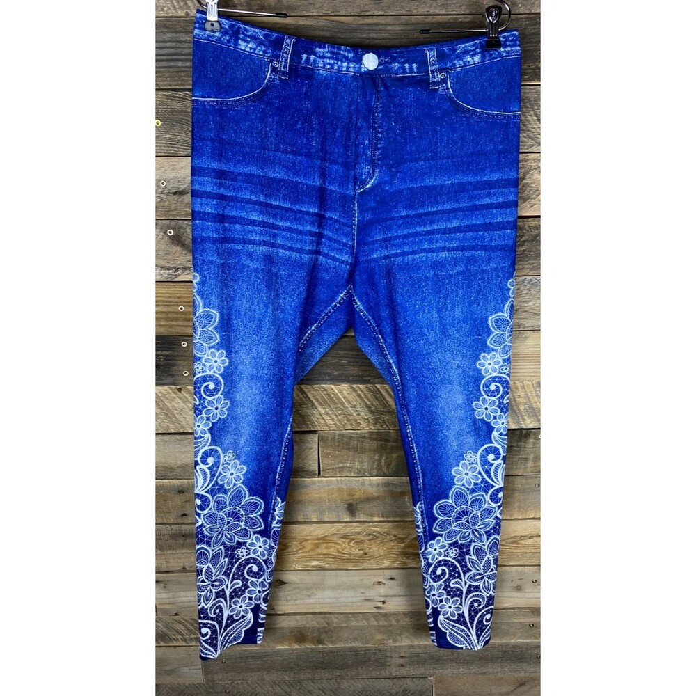 Emory Rose Women's Plus Size 1XL Faux Denim  With Flowers Leggings